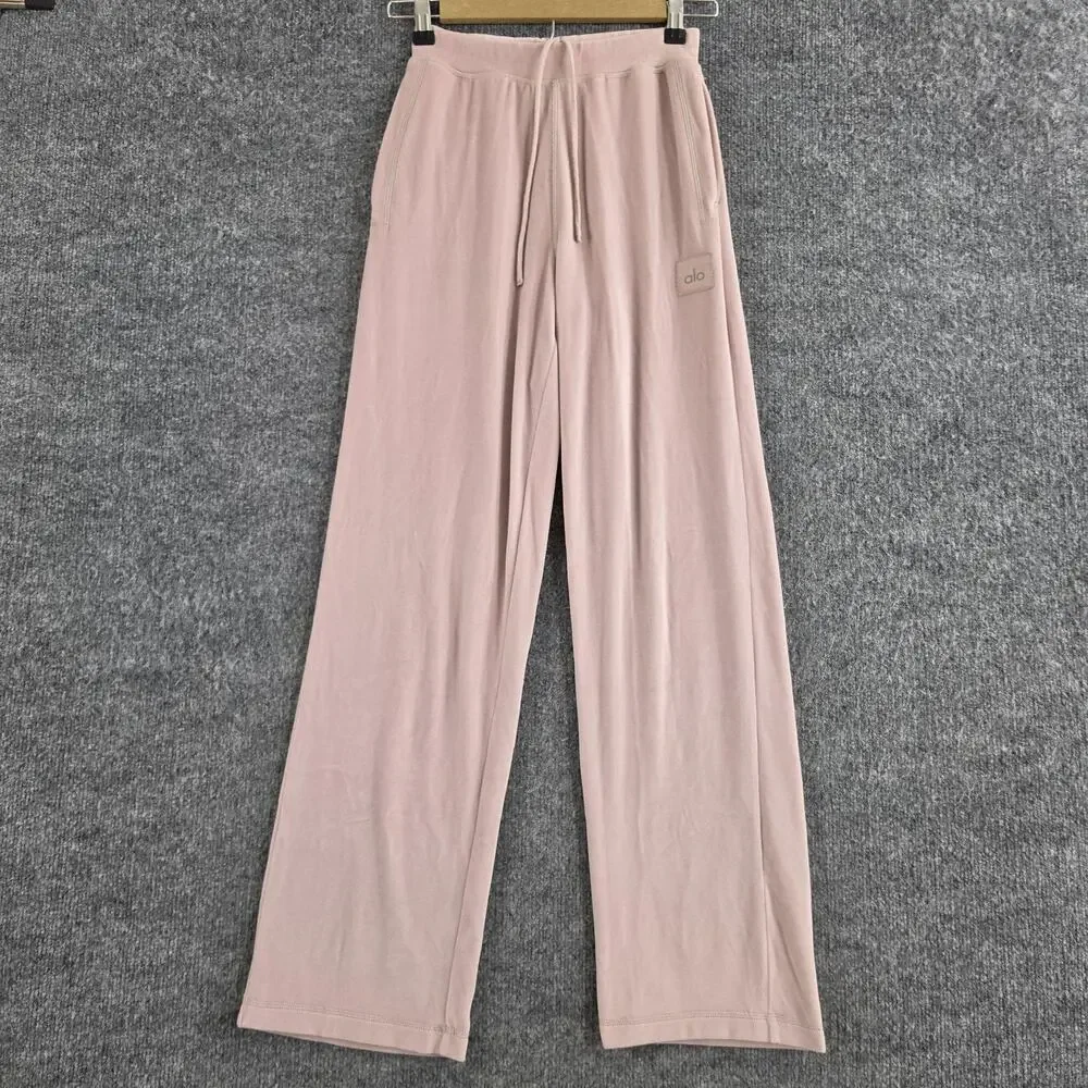 Alo Yoga Pants Womens XS Velour Wide Leg High Waist Pink Lounge Sweatpants Comfy